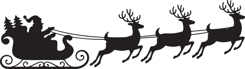 Santa in reindeer sled vector silhouette on transparent background