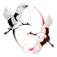 Obraz premium Flying cranes duo in circular harmony illustration, circular flight design yin yang design.