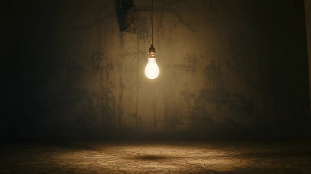 Flickering incandescent bulb on cord intensifying glow inside bare concrete room revealing wall