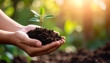 Close-Up of Seedling Sprouting from Fertile Soil in Human Hands, Representing Growth, Ecology, and Sustainable Environmental Protection for a Greener Future