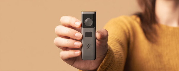 Small portable voice recorder held in hand, close up showing compact metal design and speaker grille, warm neutral background