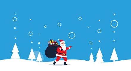 Santa Claus delivering gifts through a snowy winter landscape with Christmas trees.