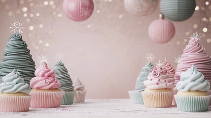 Pink and Blue Frosted Cupcakes with Christmas Ornaments for Holiday Party, Dessert Advertising, Winter Celebration, Event Invitation Design