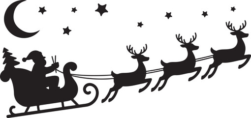 Santa's sleigh with reindeer flies across the sky.Vector silhouette.Template for laser, paper cutting, printing on T-shirts, mugs. Christmas illustration