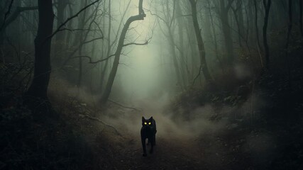 Shifting black cat with glowing yellow eyes stepping forward along winding dirt path, misty forest - Powered by Adobe