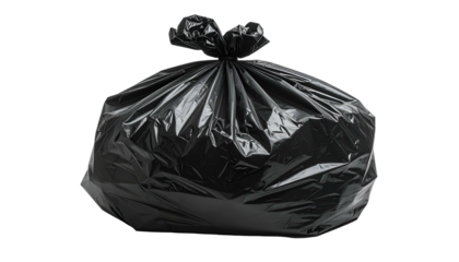 Opaque black plastic bag, knotted at the top, filled, on a transparent background