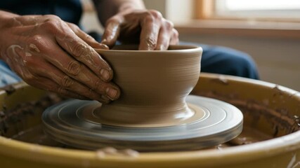 Potter shaping clay on a spinning wheel, demonstrating the art of pottery, craftsmanship, and the creation of handmade ceramics in a studio - Powered by Adobe