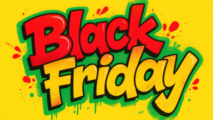 A vibrant black friday graphic with bold lettering and colorful splatters on yellow background