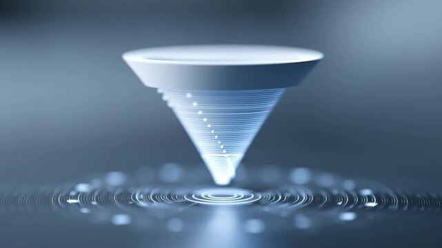 Futuristic digital funnel flow with glowing data points and circular abstract patterns illustrating recruitment technology blue