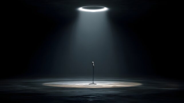 Microphone stands alone in spotlight on empty stage.