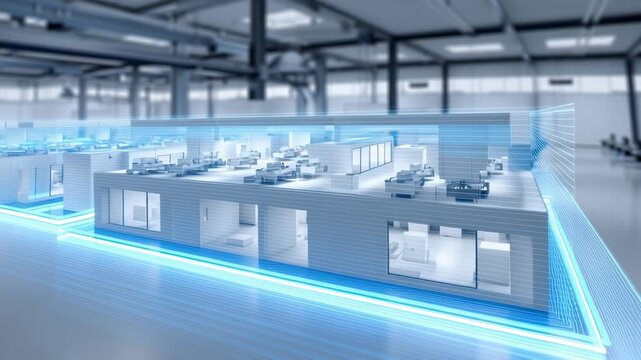 Digital twin manufacturing facility featuring automated systems futuristic technology glowing blue lines smart factory design