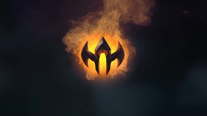 Starting sequence with metallic emblem hovering on dark void, igniting flickering flames and smoke - Powered by Adobe