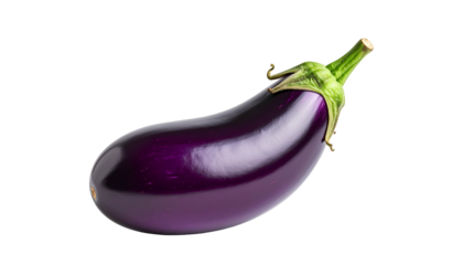 A glossy, deep purple fruit with a green stem isolated against a stark black background