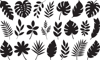 Set of Floral tropical branch of palm and flowers in silhouette and line style. Hand drawn elegant exotic leaves for invitation save the date card design. Botanical trendy