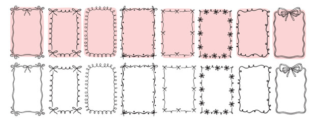 hand drawn doodle pink cute borders for wedding invitation with bows, quirky trendy whimsical frames for girl birthday, wavy borders. Empty cute line frames