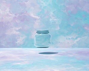 Elegant floating jar within surreal pastel abstract artistic backdrop