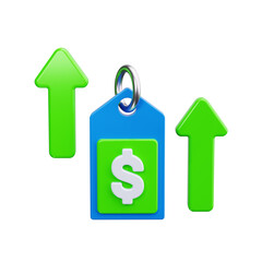 3D illustration of rising costs. A blue price tag with a green dollar sign and two upward arrows symbolizes financial growth and increasing market value