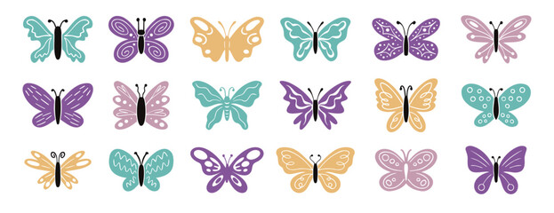 Cute boho doodle hand drawn butterfly pastel colors set