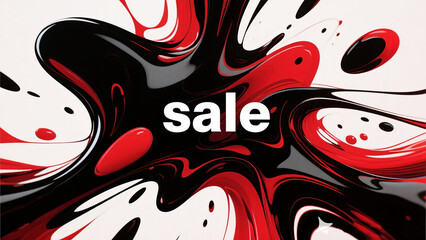 Abstract sale design with swirling red and black paint on a white background art piece