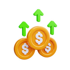 Golden dollar coins with green upward arrows symbolizing financial growth, investment success, profit increase, and business prosperity in a vibrant 3D illustration