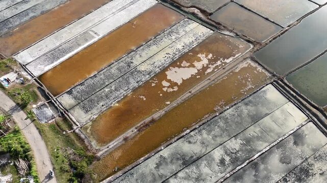 Aerial view of traditional salt evaporation ponds with water patterns at Pamekasan, Indonesia.