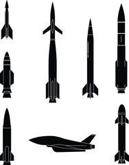 Collection of various black missile silhouettes, military rocket icons, war weapon vector set, defense technology illustration, isolated on white background for aerospace and war design
