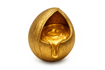 Gold egg with valuable molten liquid dripping, symbolizing wealth, investment, and prosperity on transparent background