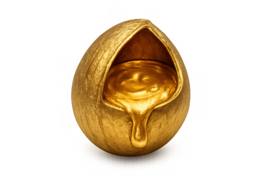 Gold egg with valuable molten liquid dripping, symbolizing wealth, investment, and prosperity on transparent background