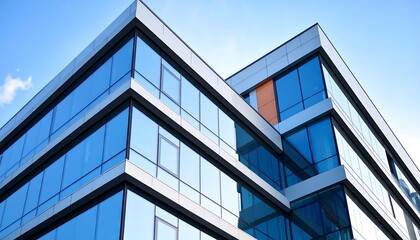Modern glass office building against a clear sky