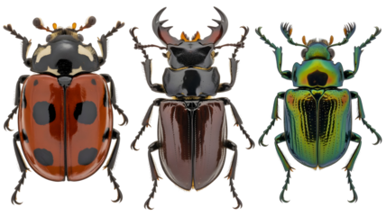 Three different species of beetle isolated on transparent background