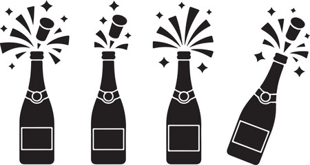 Set with black champagne bottle explosion vector icons. Uncorked cork from champagne. Exploded cork with sparkling champaign