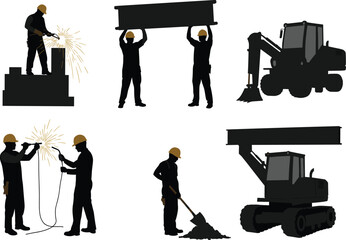 Construction worker silhouettes, welding, lifting beam, excavator, shovel, boom lift, safety gear, black vector, industrial tools, editable icon, job site, teamwork scene © Akaza