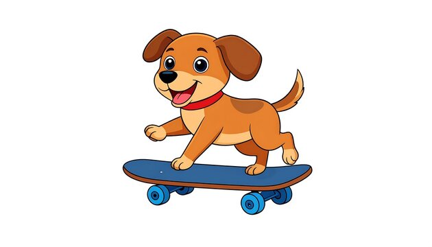 An animated, brown puppy, wearing a red collar, joyfully skateboarding on a blue board against a white backdrop
