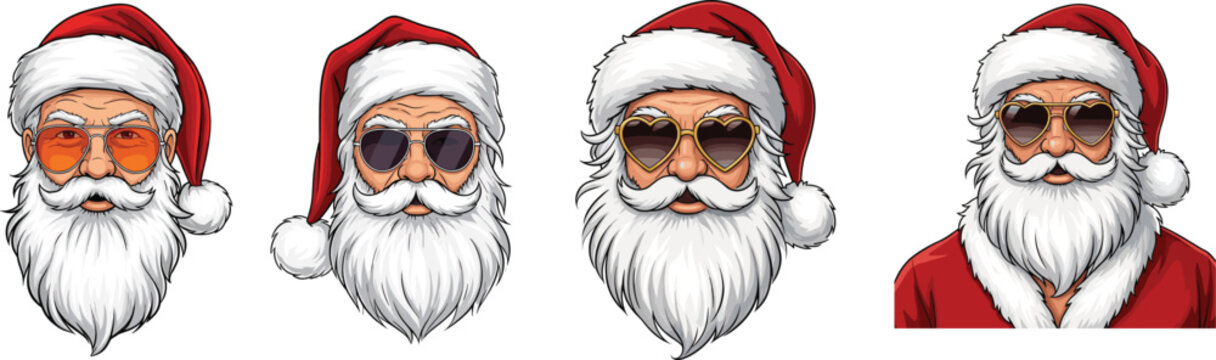 Set of Cool Santa Claus Faces with Sunglasses Vector Collection