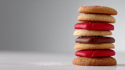 A stack of cookies with chocolate chips and red icing