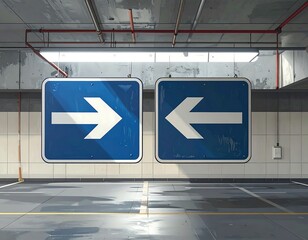 Two blue rectangular signs, one with an arrow pointing right and one left, hang on a concrete wall in a parking garage