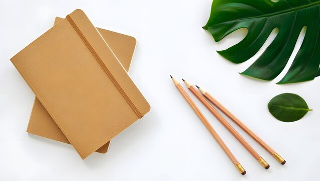Notebooks with pencils and leaves create a natural and minimalist workspace aesthetic vibe here today