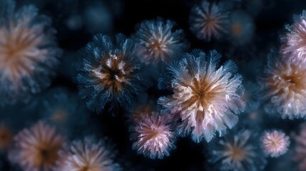 Microbial patterns resembling abstract floral blooms seen under magnification