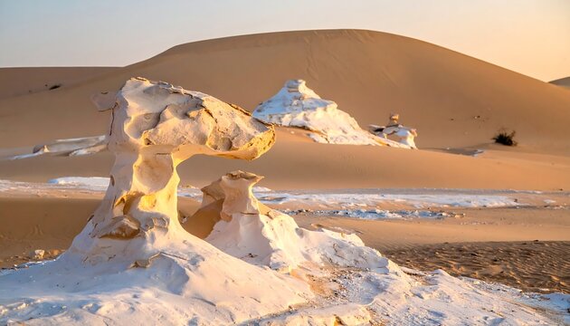 Dramatic desert vista, white formations amidst vast rolling sand dunes