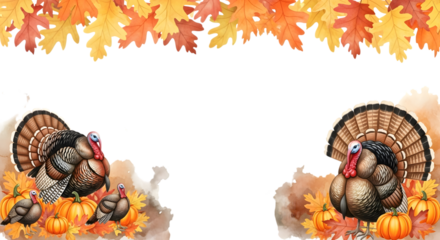 Two turkeys with pumpkins and autumn leaves, isolated on transparent background