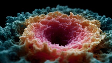 Abstract 3D cross section of a vibrant replicating cellular structure with intricate organic textures and a central void