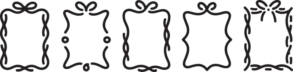 Silhouette of wavy border frames with bow. Set of simple elegant hand drawn illustrations of bow borders. Hand Drawn black frames with ribbons