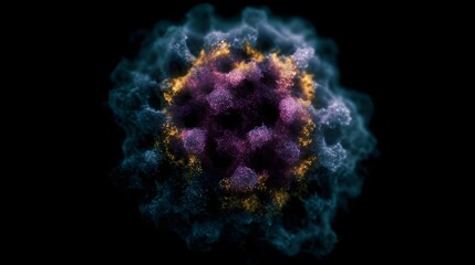 A 3D digital rendering of a glowing complex biological particle or virus structure against a dark background showcasing intricate detail and vibrant