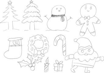 Black-and-white line art of Christmas icons including Santa, snowman, trees, wreath, stocking, gingerbread man, candle, gift, and candy cane