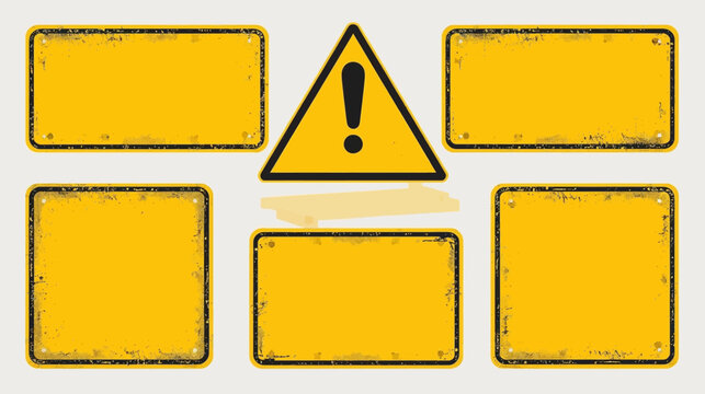 A conceptual illustration featuring an exclamation mark within a warning sign, surrounded by blank yellow rectangular signs, suggesting caution or an important announcement.