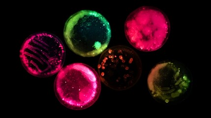 Microscopic view of diverse vibrantly fluorescently stained bacterial cultures and cell colonies in laboratory dishes