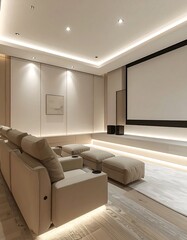 Modern home theater with beige seating