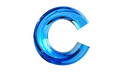 3D rendered, transparent blue letter "C" against a solid black background