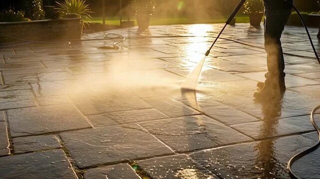 Person cleaning stone patio surface with high pressure washer outdoors at sunset