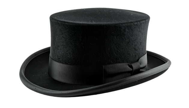A classic black top hat with a ribbon band, isolated against a black background